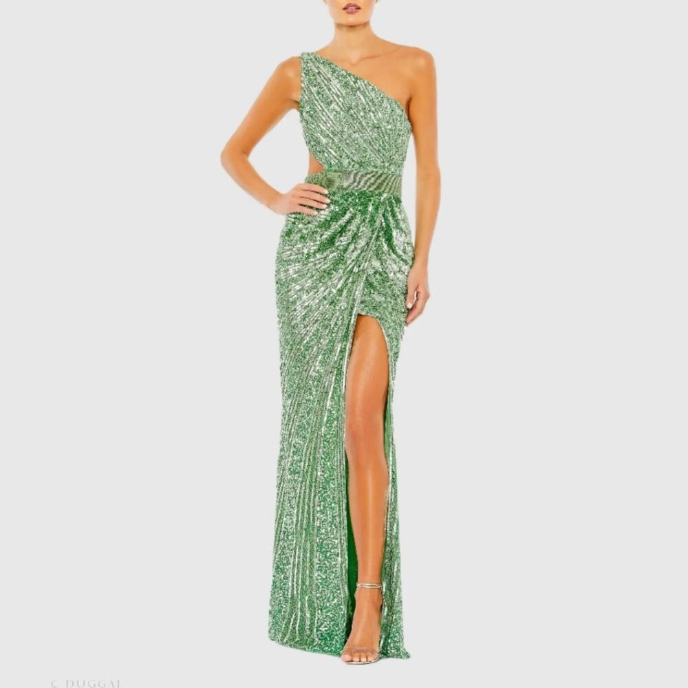 Mac Duggal 5687 Size 16 Sage Green One Shoulder Corset Back Long Maxi Gown Dress - Picture 4 of 7